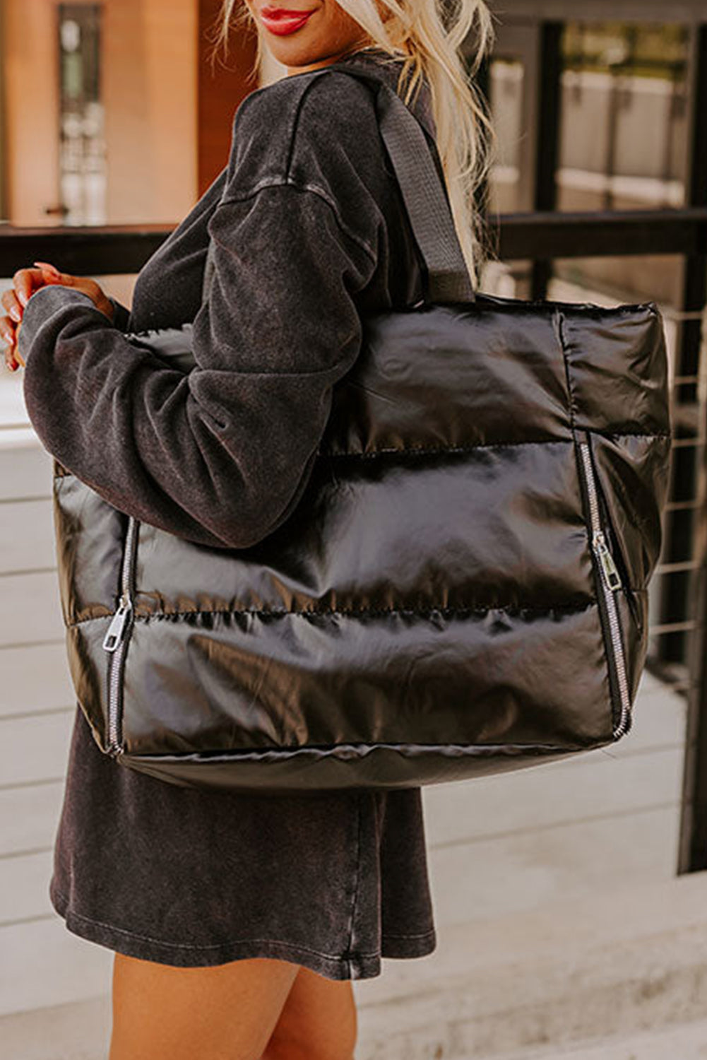 Silvery Solid Zipper Puffer Large Tote Bag