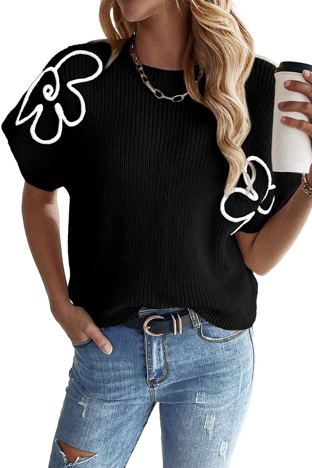 White Flower Embroidery Sweater Top