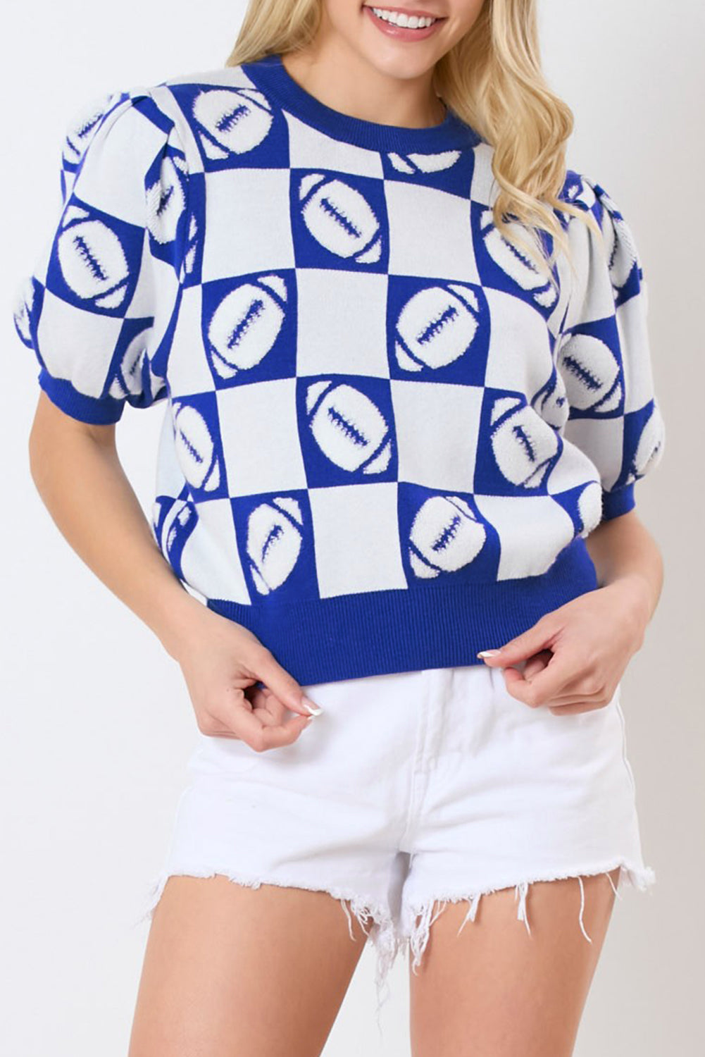 Orange Rugby Plaid Color Block Puff Short Sleeve Sweater