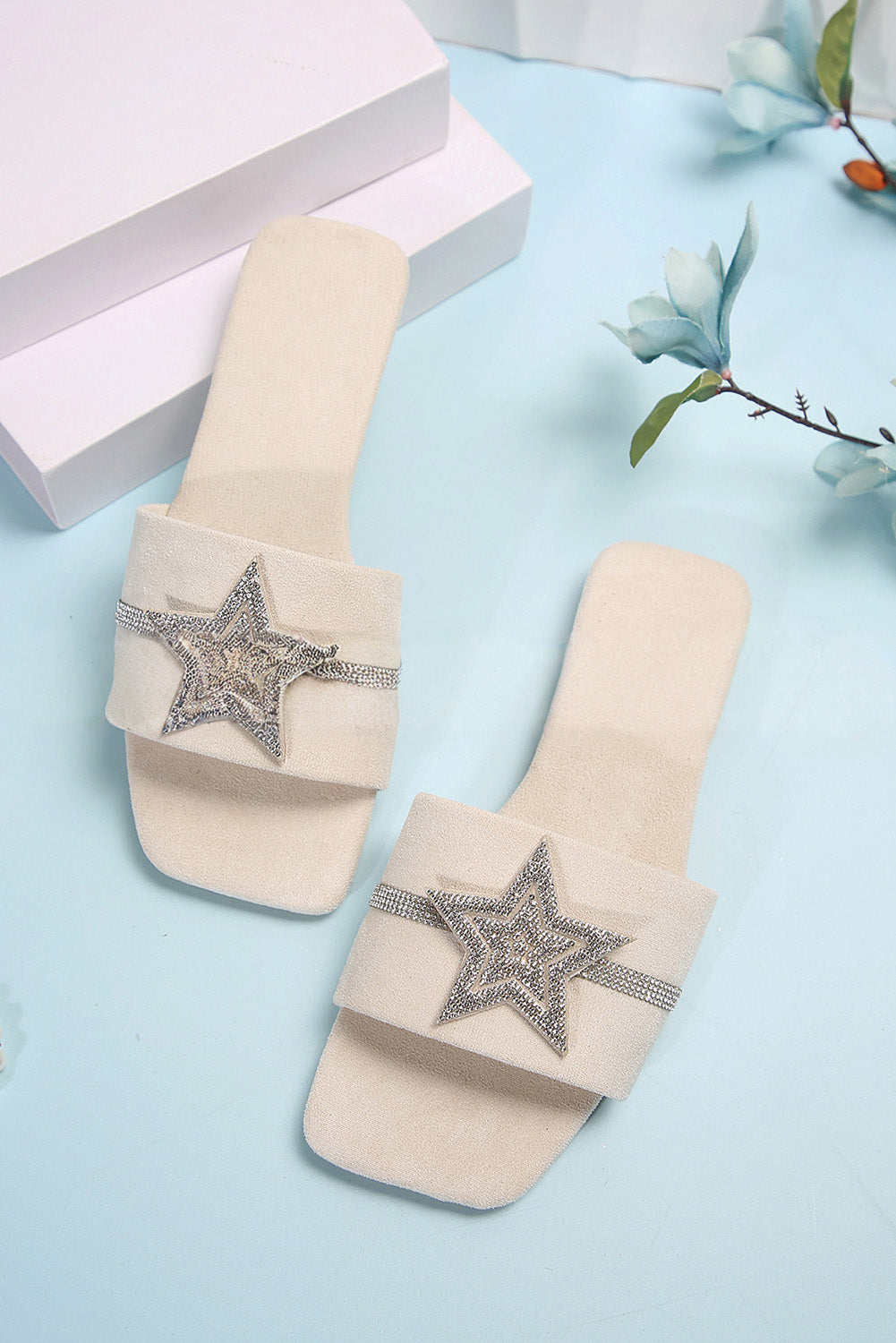 Beige Rhinestone Star Peep Toe Slippers