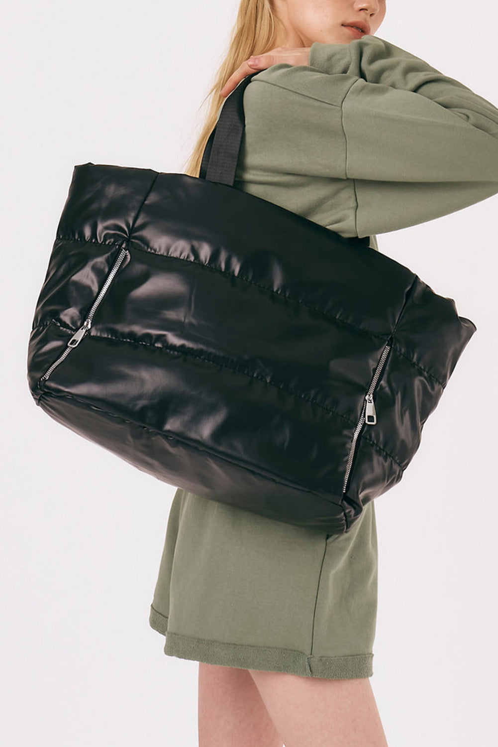 Silvery Solid Zipper Puffer Large Tote Bag