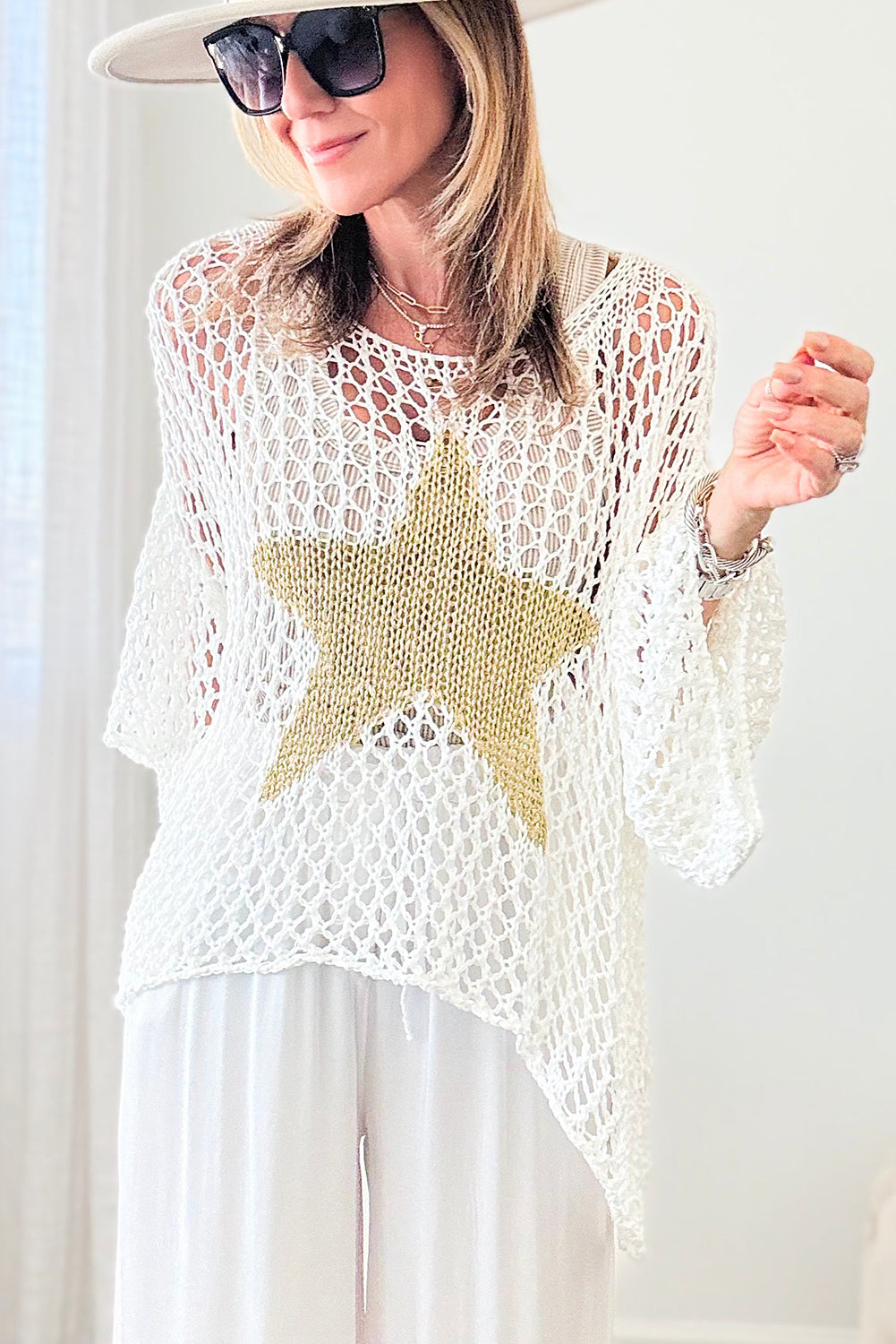 White Star Graphic Crochet Knitted Sweater Top