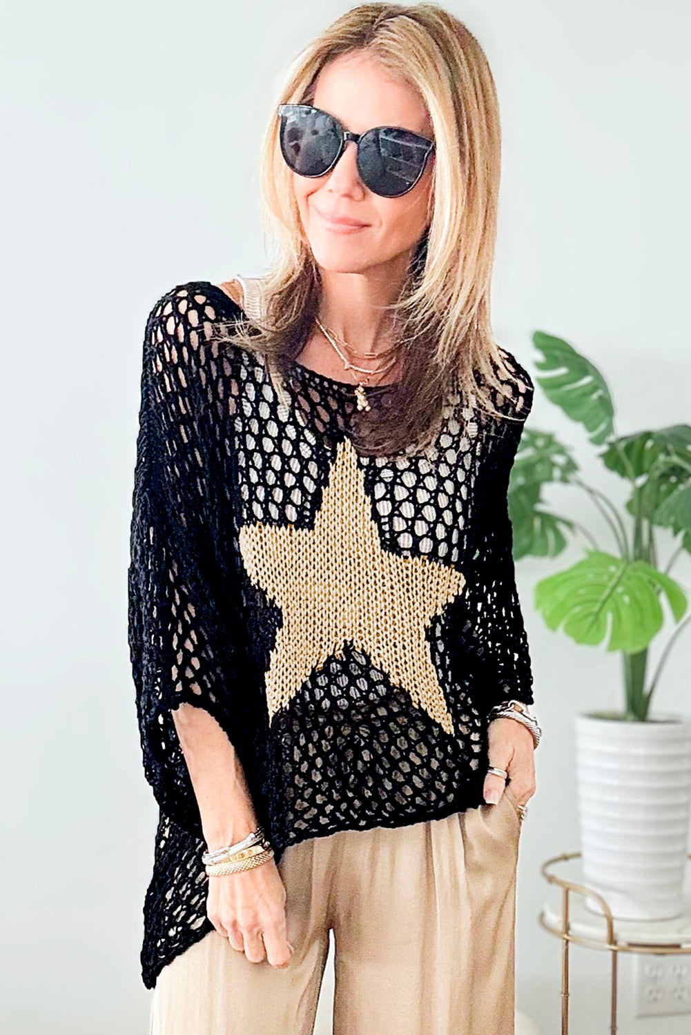 White Star Graphic Crochet Knitted Sweater Top