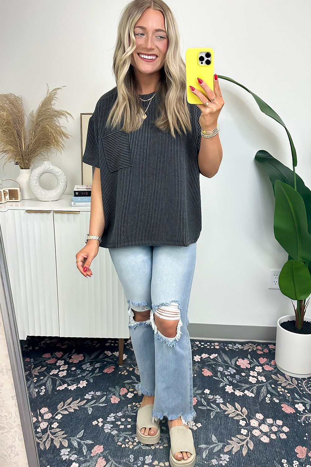 Beige Corded Knit Pocketed Loose Fit T Shirt