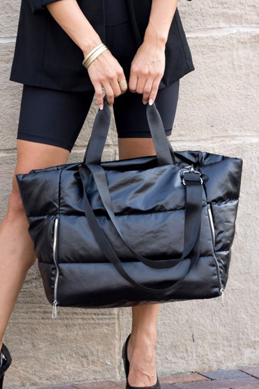 Silvery Solid Zipper Puffer Large Tote Bag
