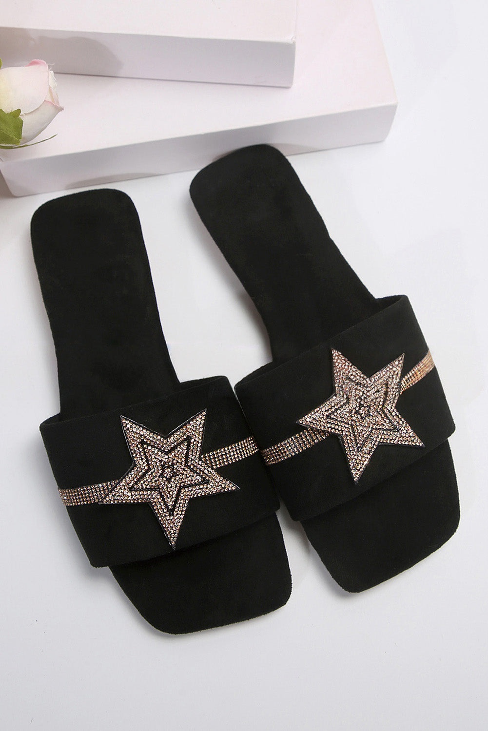 Beige Rhinestone Star Peep Toe Slippers