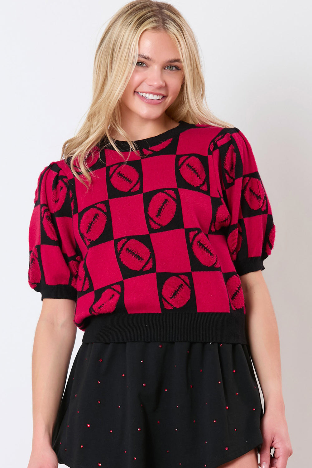 Orange Rugby Plaid Color Block Puff Short Sleeve Sweater