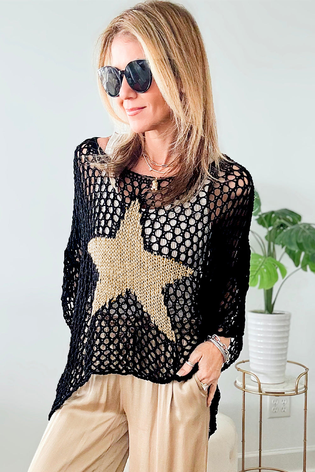 White Star Graphic Crochet Knitted Sweater Top