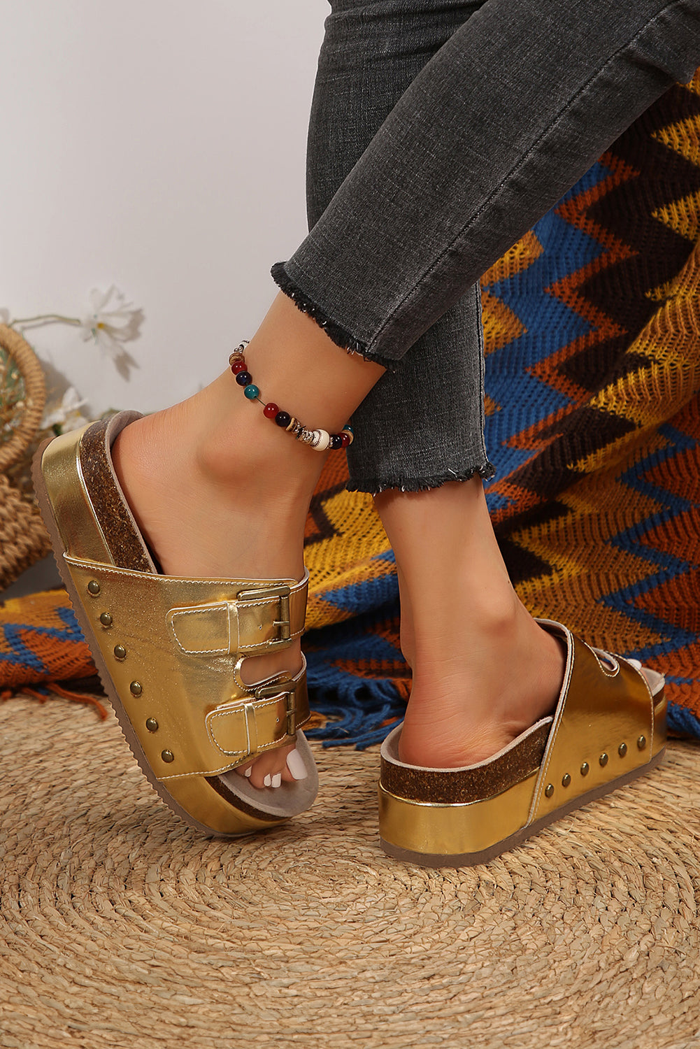 Silvery Leathered Stud Dual Buckle Platform Slippers