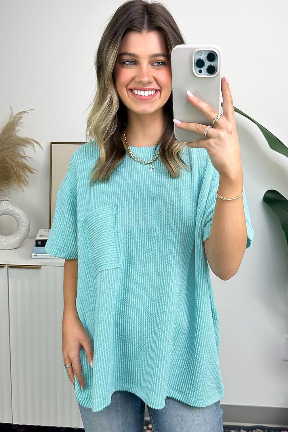 Beige Corded Knit Pocketed Loose Fit T Shirt