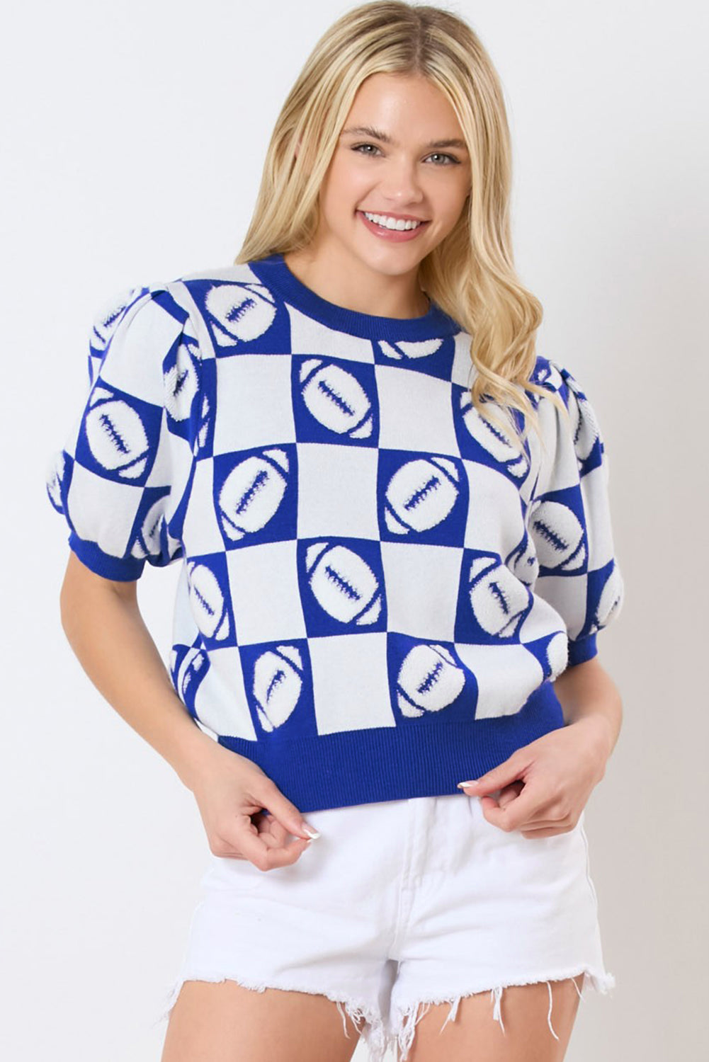 Orange Rugby Plaid Color Block Puff Short Sleeve Sweater