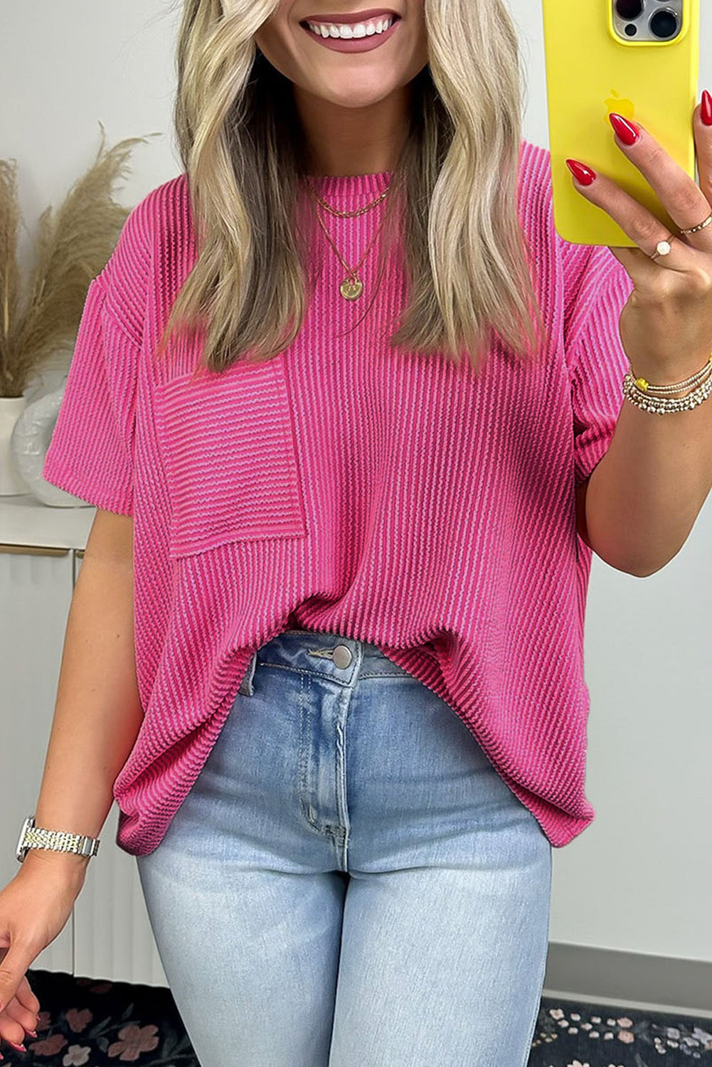 Beige Corded Knit Pocketed Loose Fit T Shirt