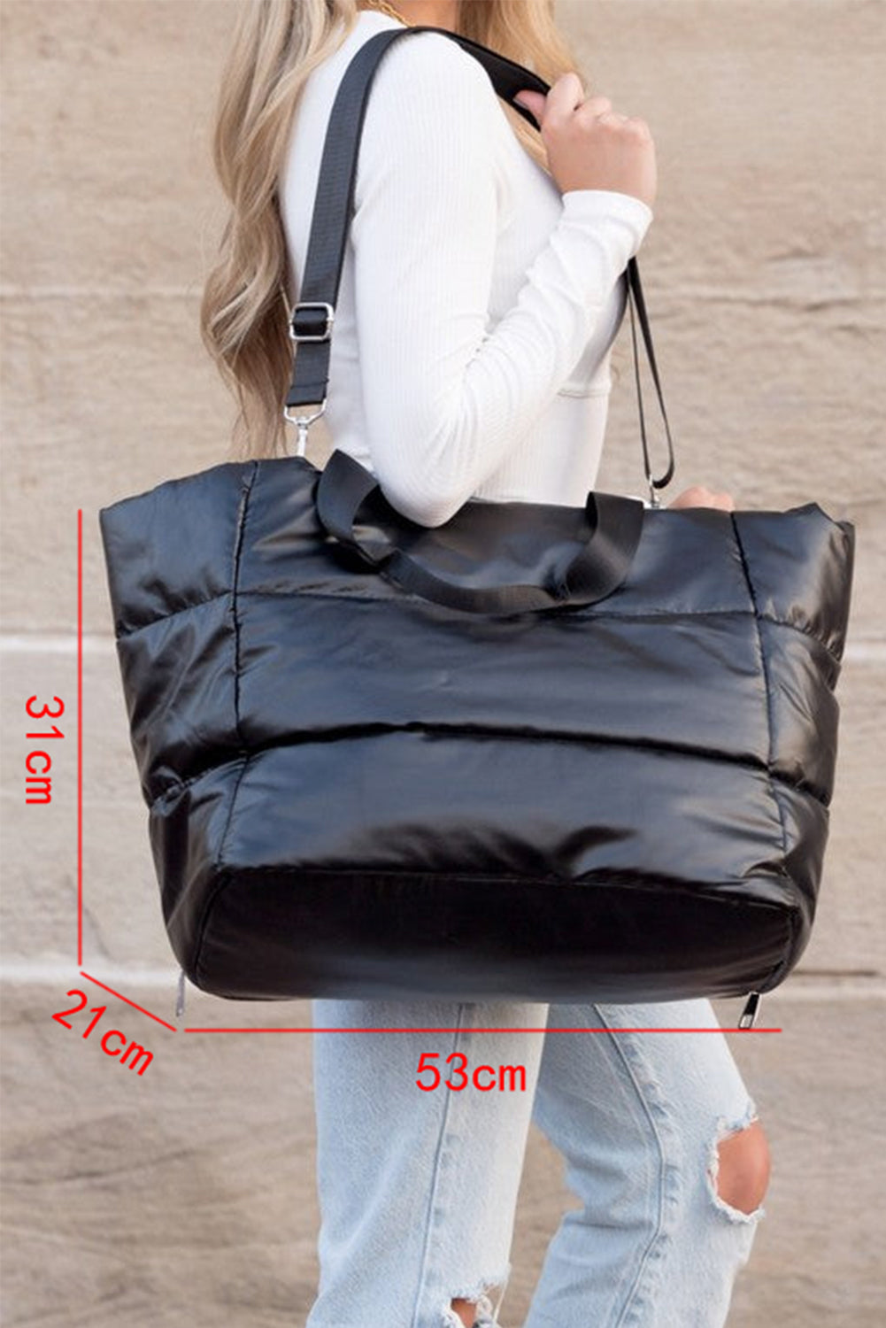 Silvery Solid Zipper Puffer Large Tote Bag