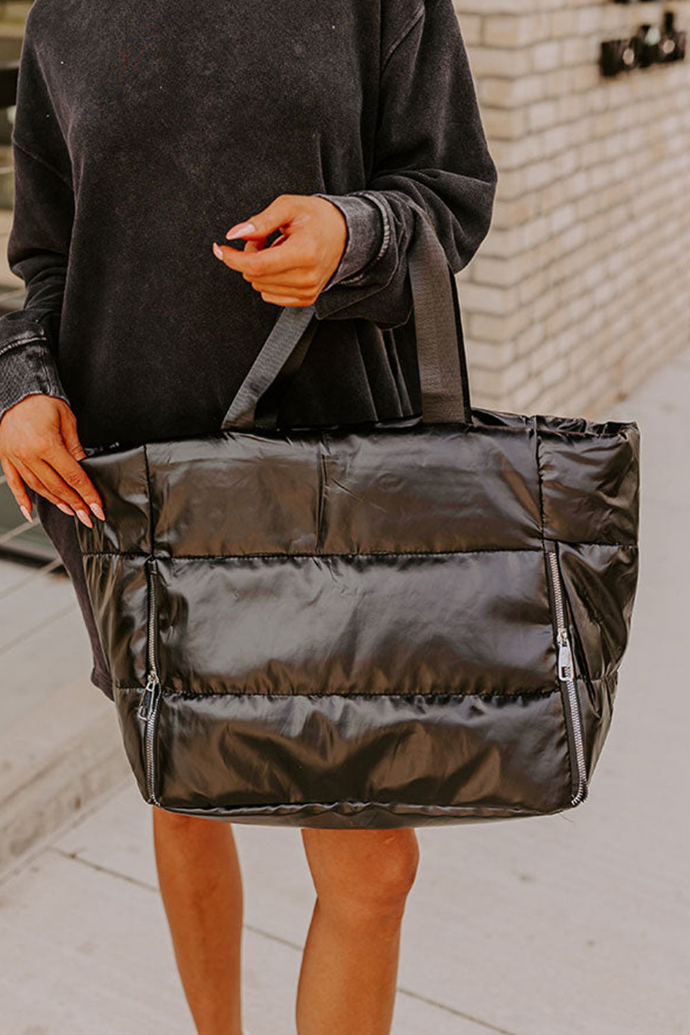 Silvery Solid Zipper Puffer Large Tote Bag