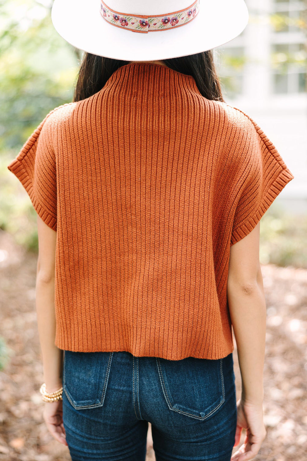 Pink Patch Pocket Ribbed Knit Short Sleeve Sweater