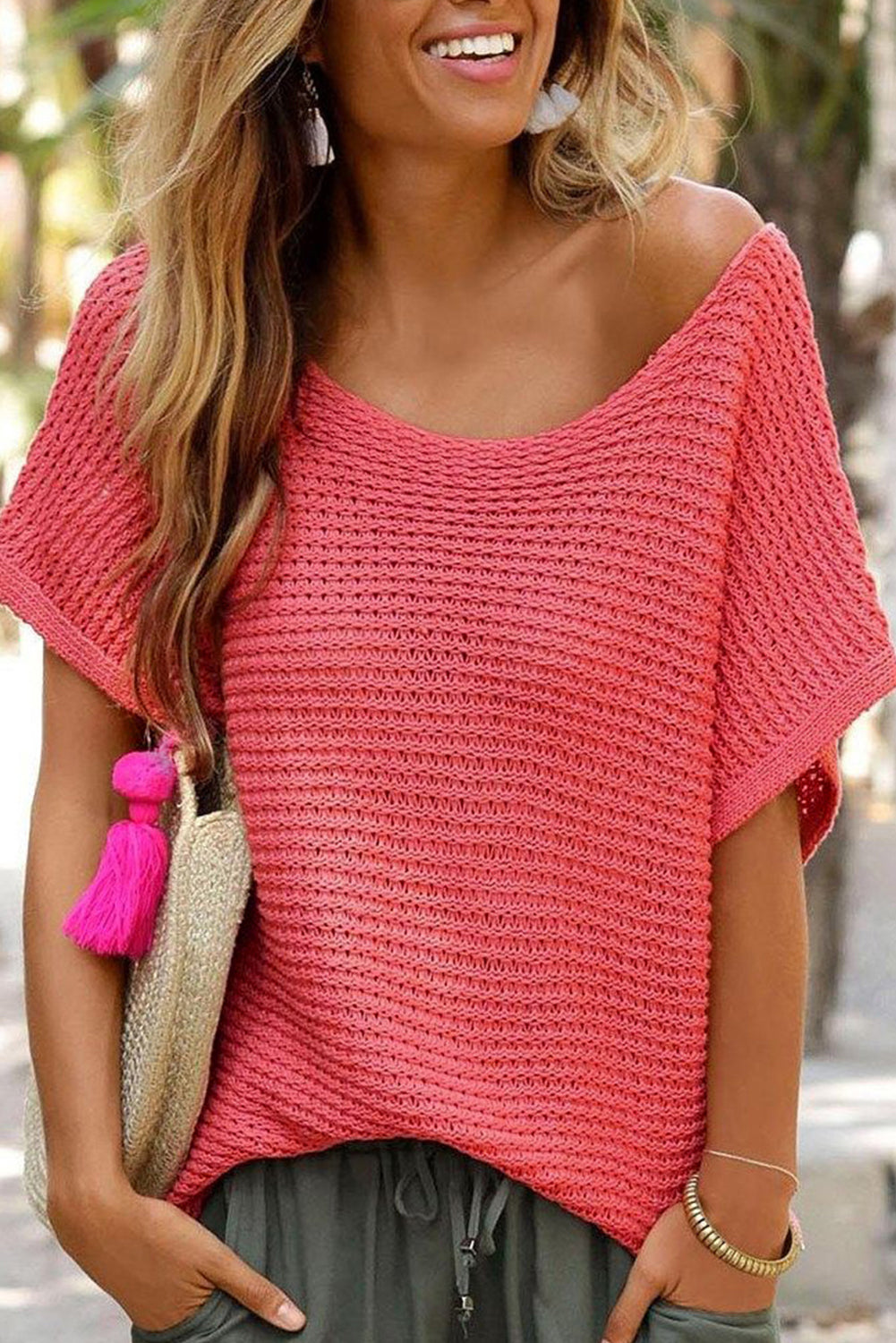 Pink Solid Loose Knit Short Dolman Sleeve Sweater