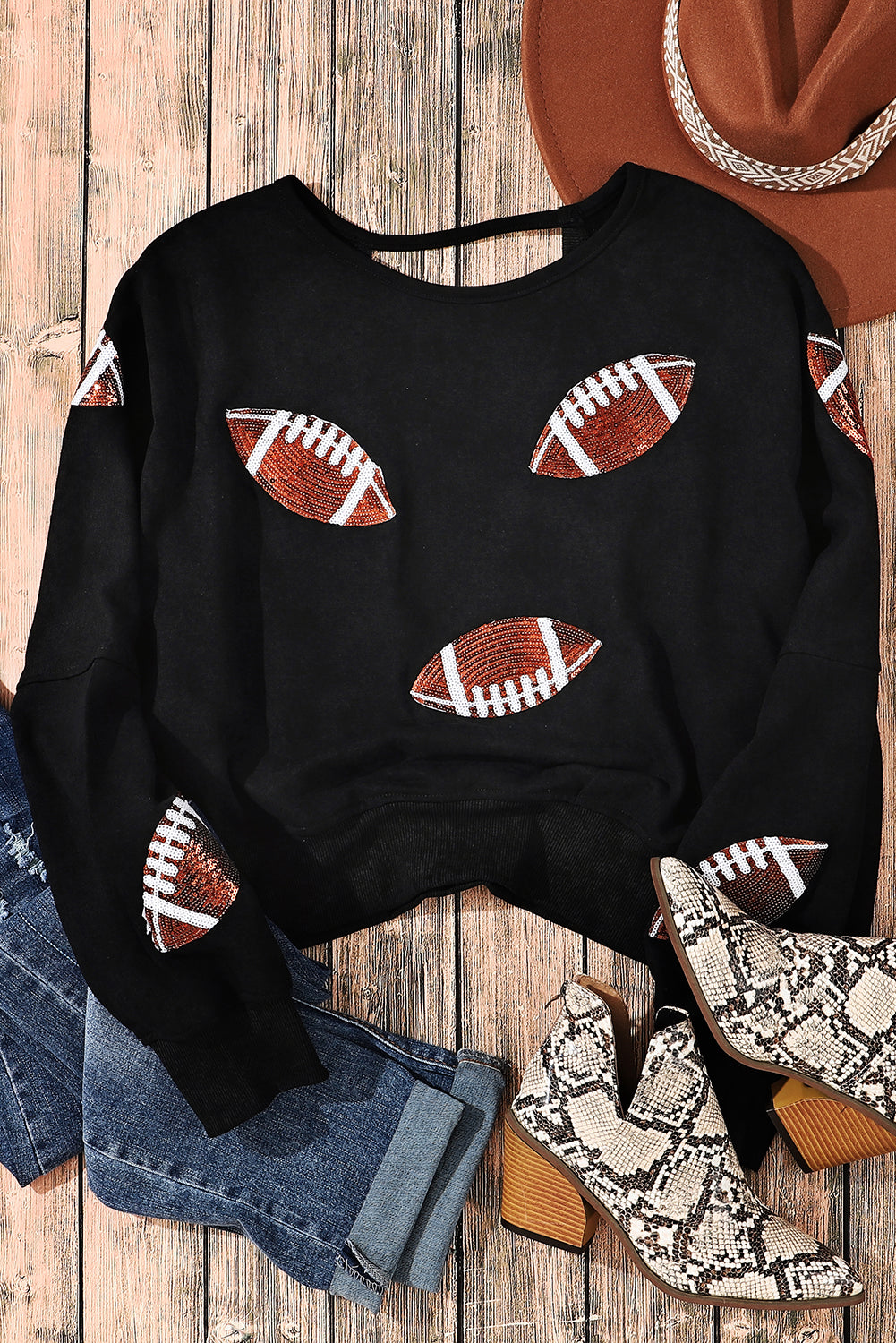 Black Sequined Rugby Football Graphic Open Back Sweatshirt