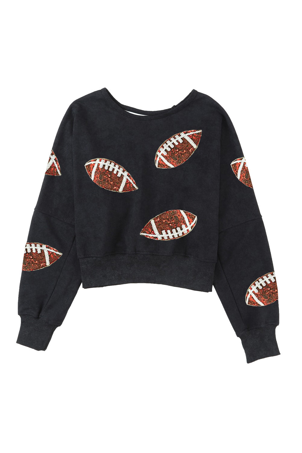 Black Sequined Rugby Football Graphic Open Back Sweatshirt