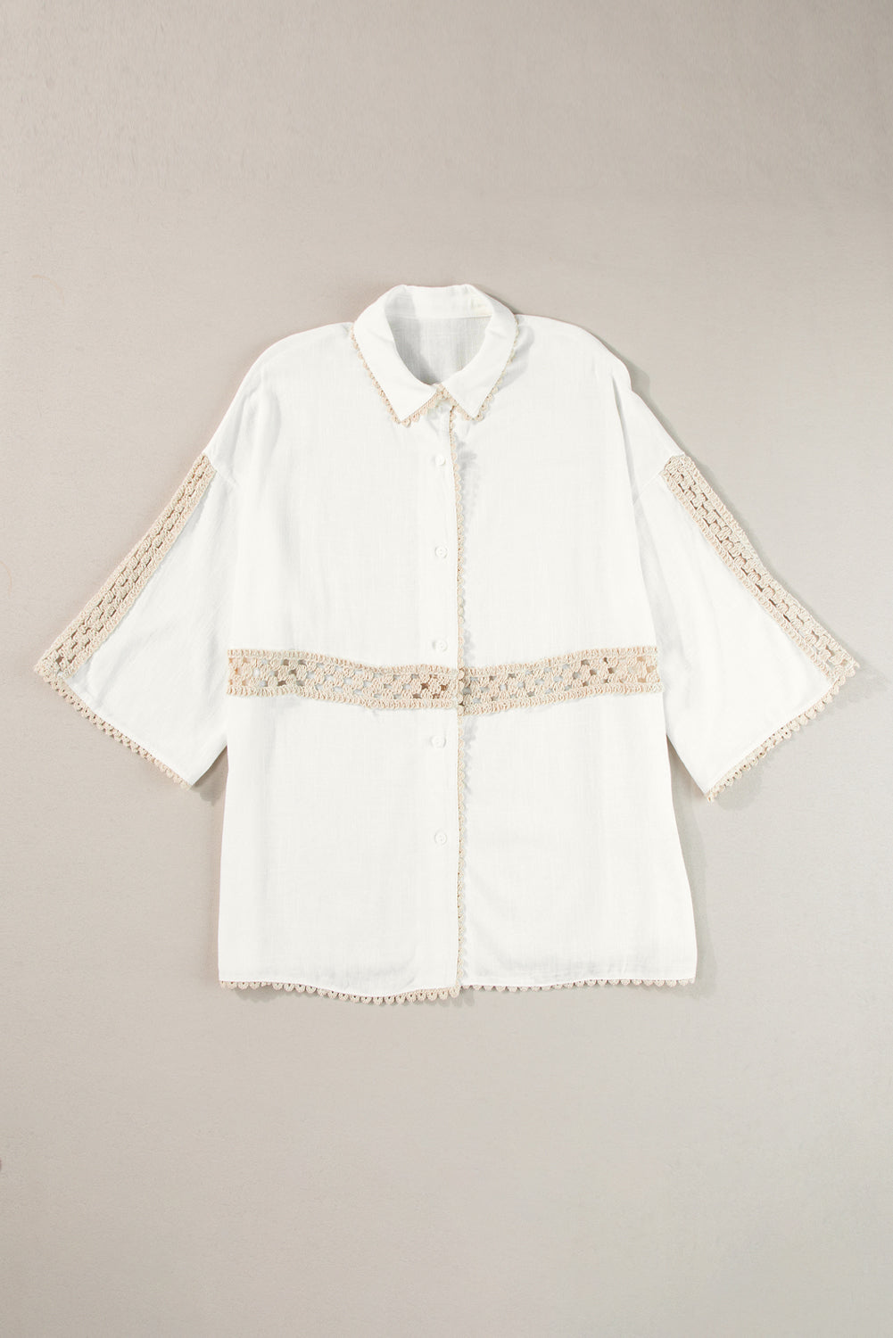 White Crochet Patchwork Half Sleeve Scallop Edge Shirt