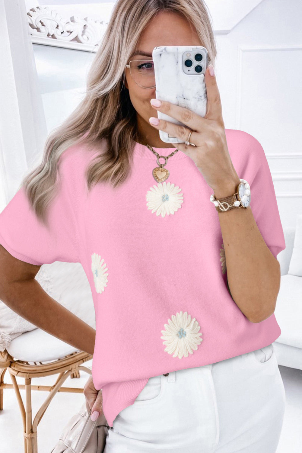 Beige Flower Pattern Short Sleeve Knitted Top