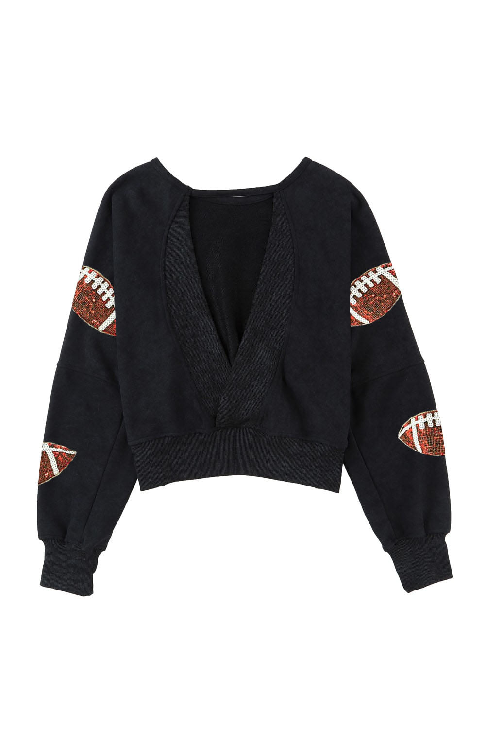 Black Sequined Rugby Football Graphic Open Back Sweatshirt