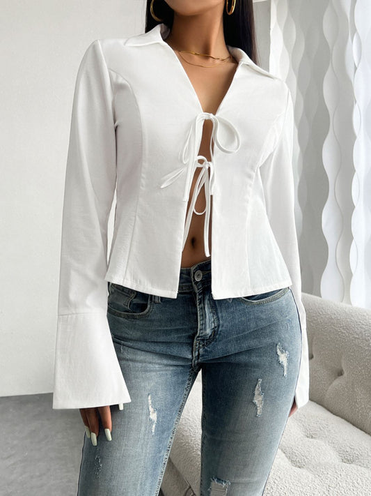 Slit Tied Collared Neck Long Sleeve Blouse