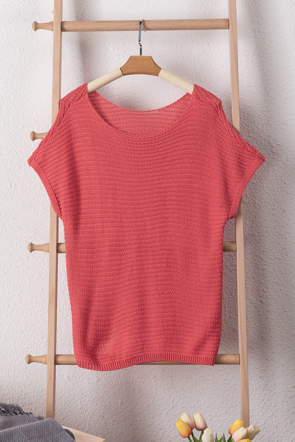 Pink Solid Loose Knit Short Dolman Sleeve Sweater