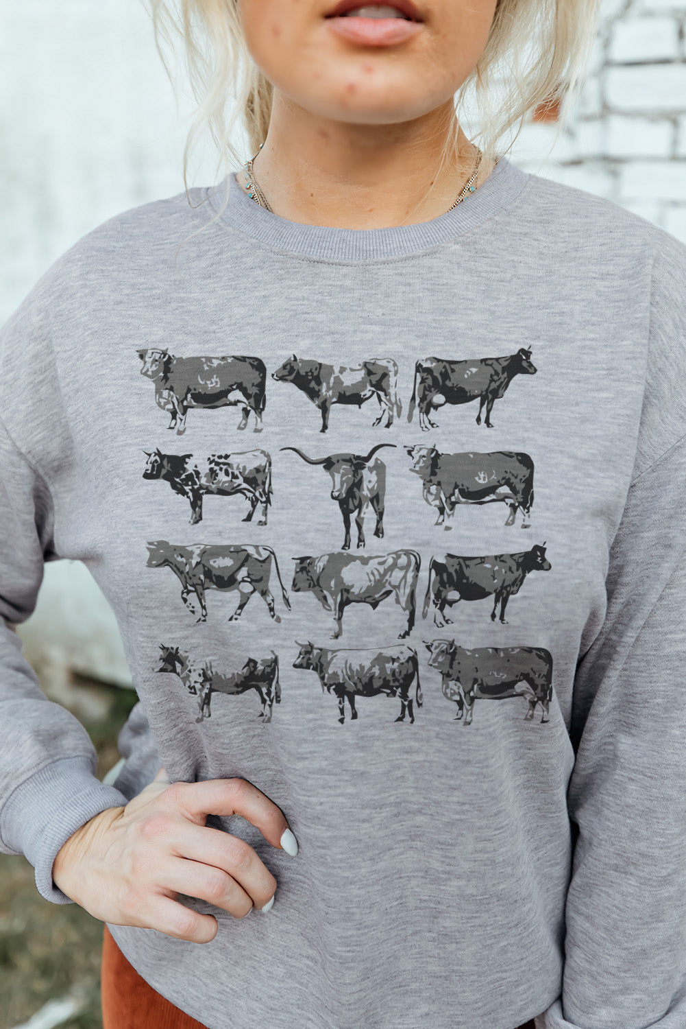 Gray Western Bull Graphic Print Long Sleeve Sweatshirt