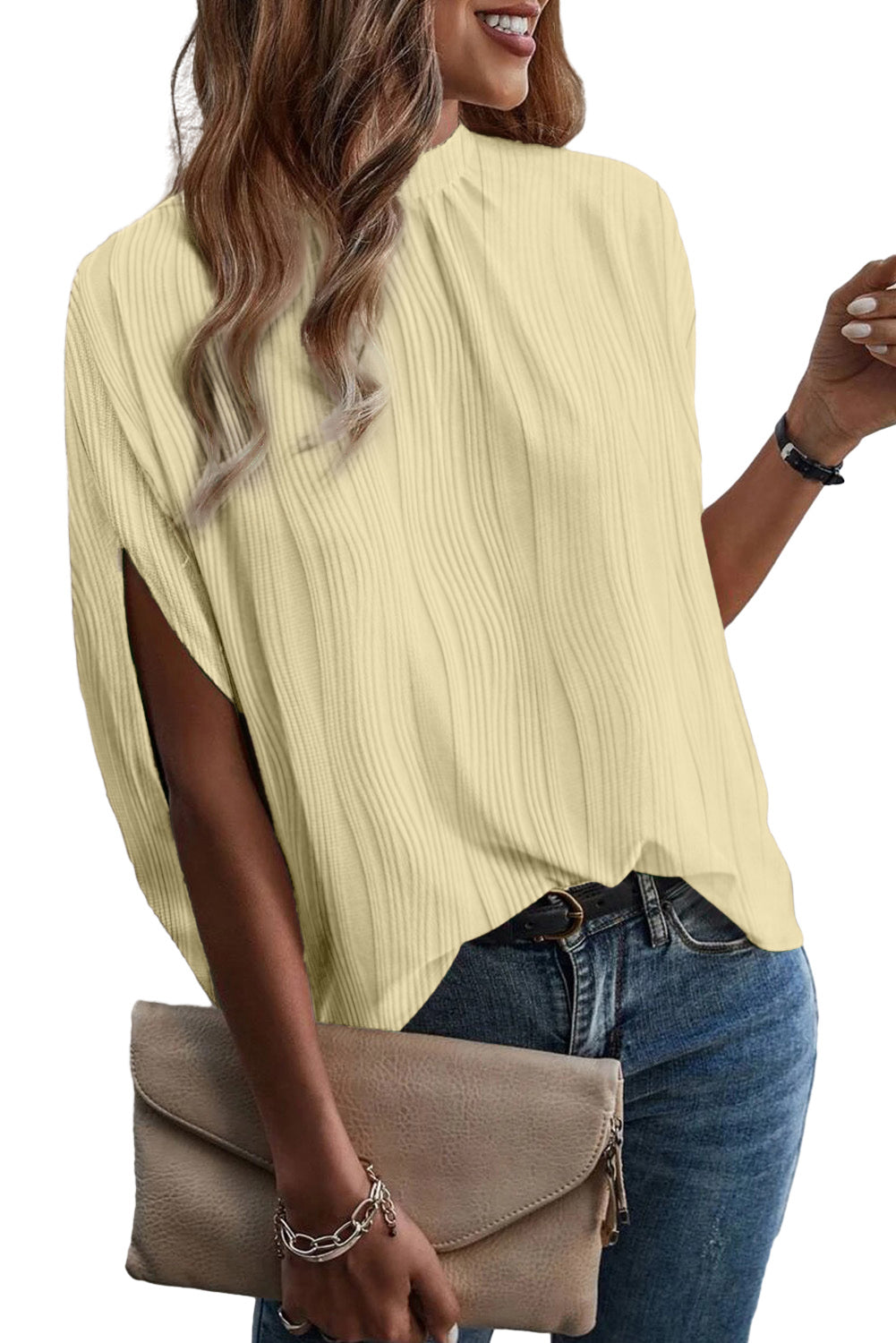 White Wavy Textured Split Sleeve High Neck Blouse