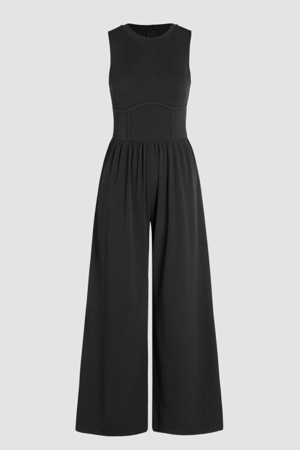 Blackish Green Cinched Waist Sleeveless Wide Leg Jumpsuit