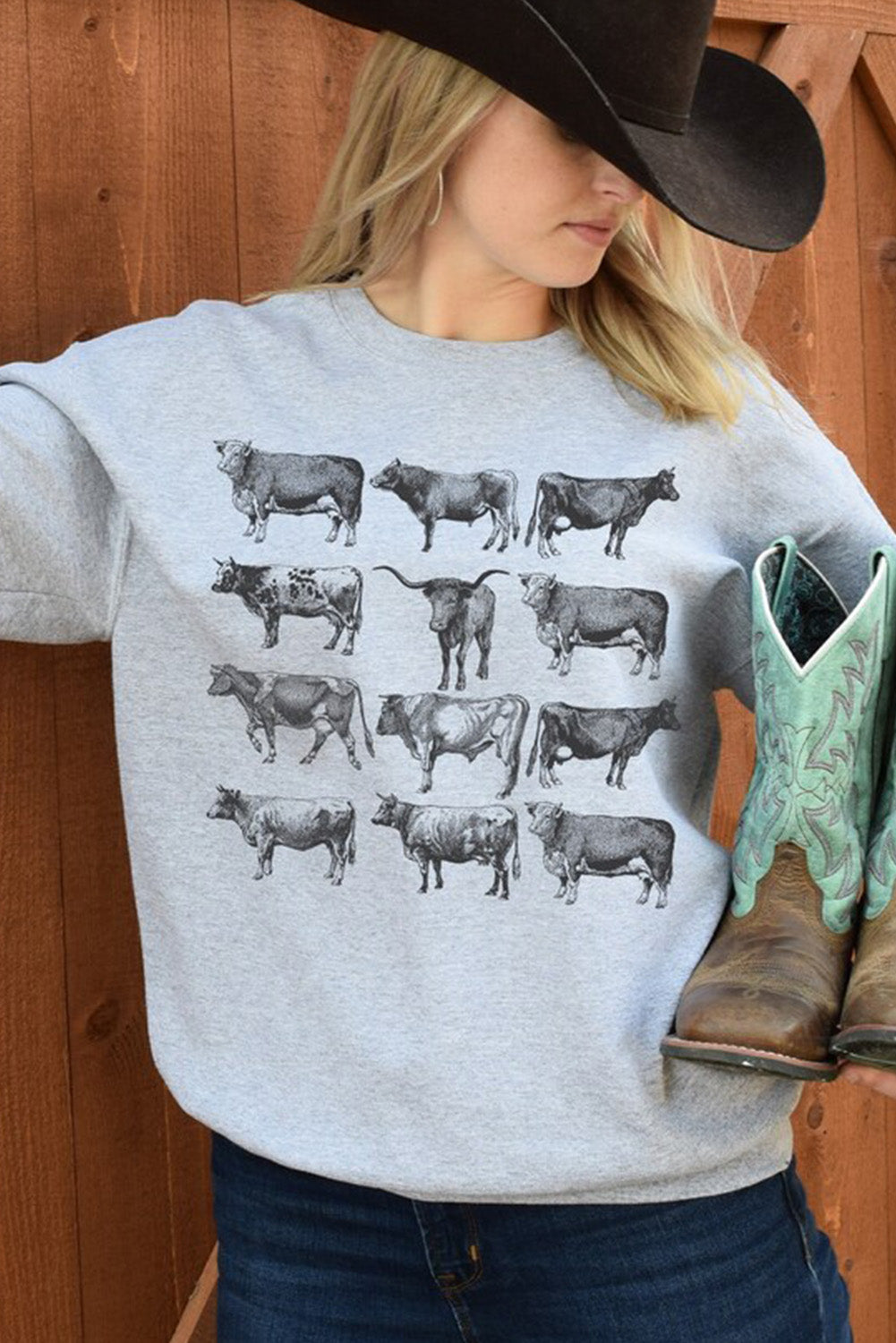 Gray Western Bull Graphic Print Long Sleeve Sweatshirt