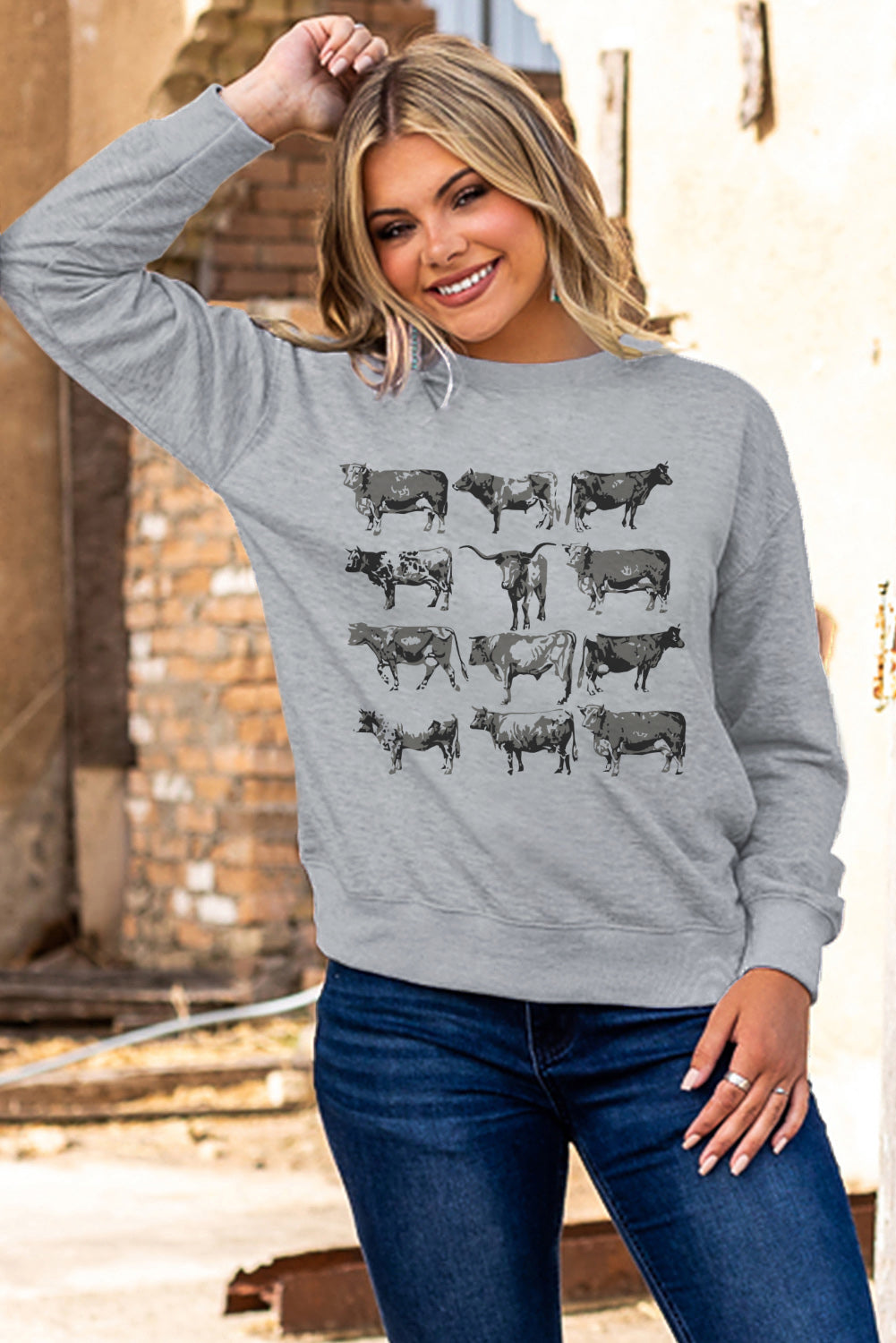 Gray Western Bull Graphic Print Long Sleeve Sweatshirt