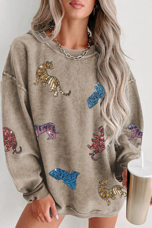 Khaki Sequin Animal Print Corded Vintage Sweatshirt