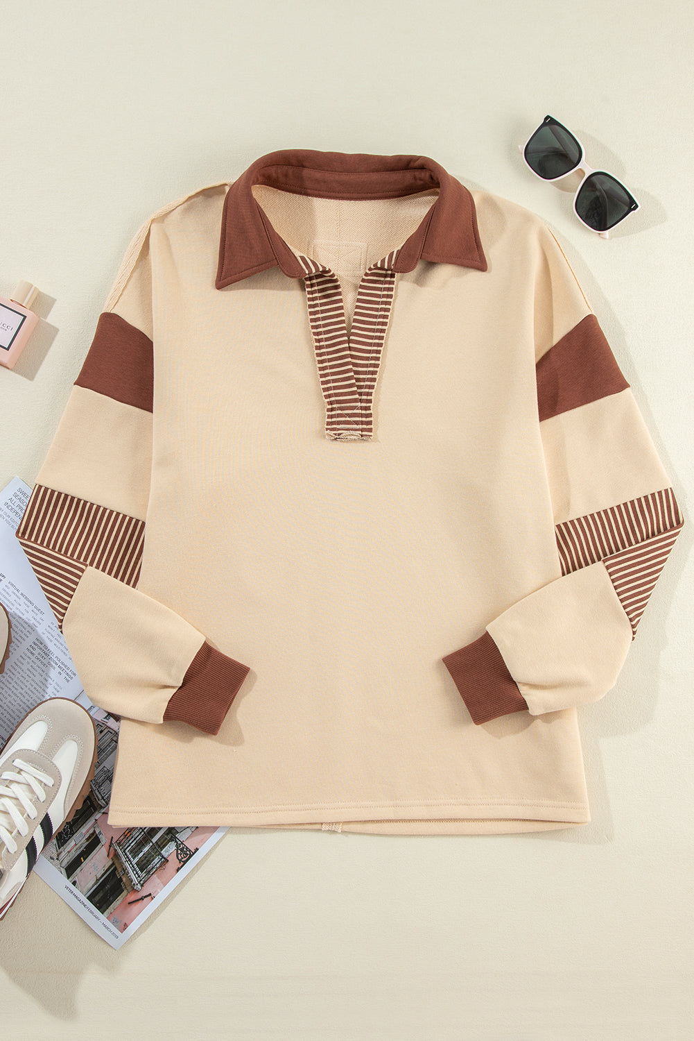 Sail Blue Striped Colorblock Patchwork Collar Sweatshirt