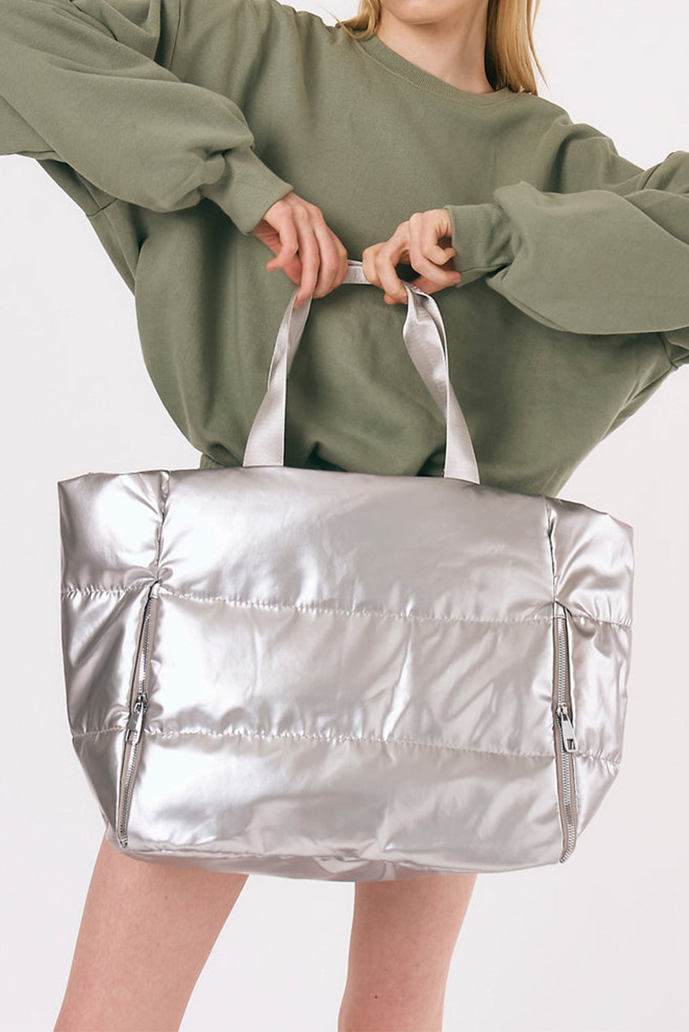 Silvery Solid Zipper Puffer Large Tote Bag