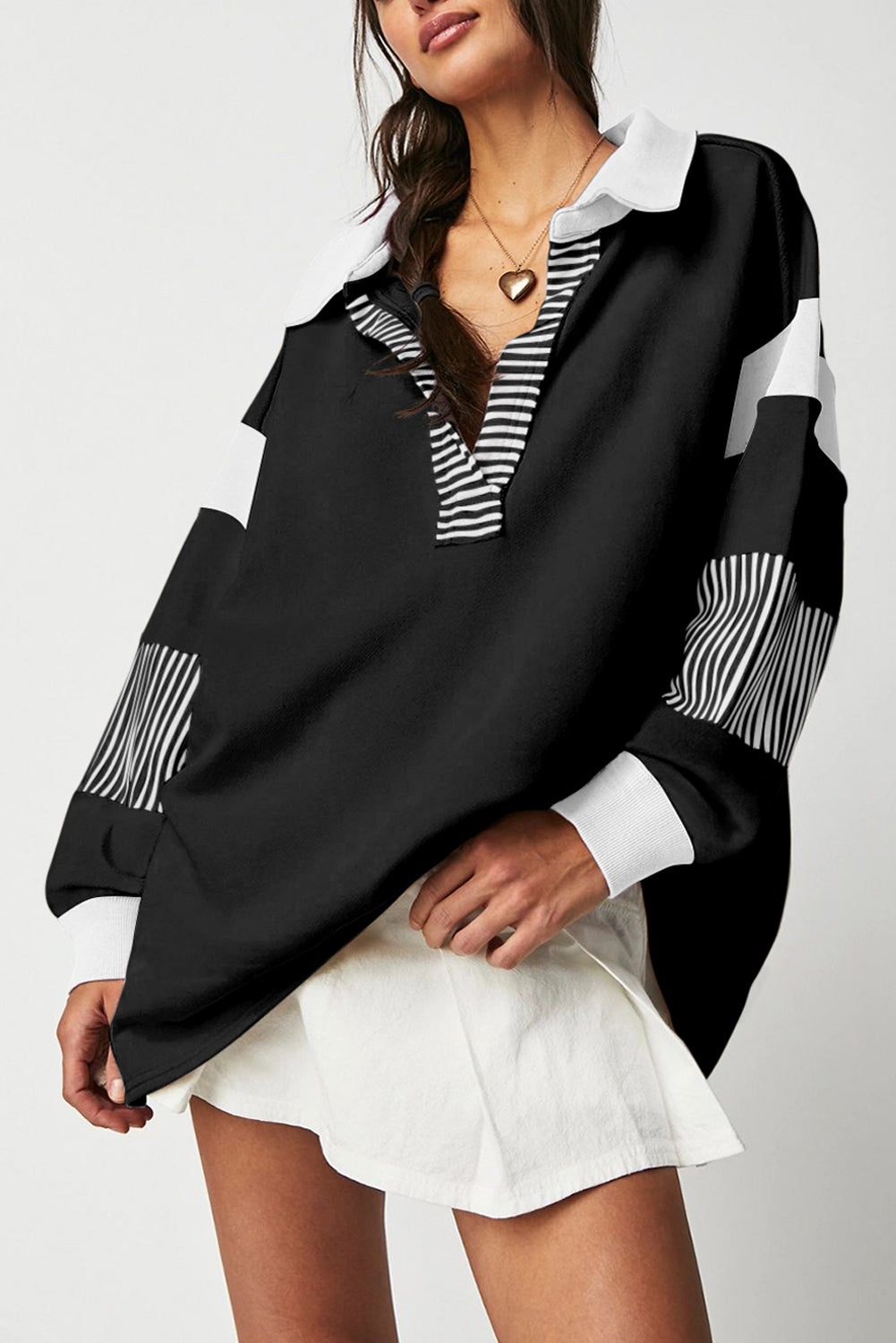 Sail Blue Striped Colorblock Patchwork Collar Sweatshirt