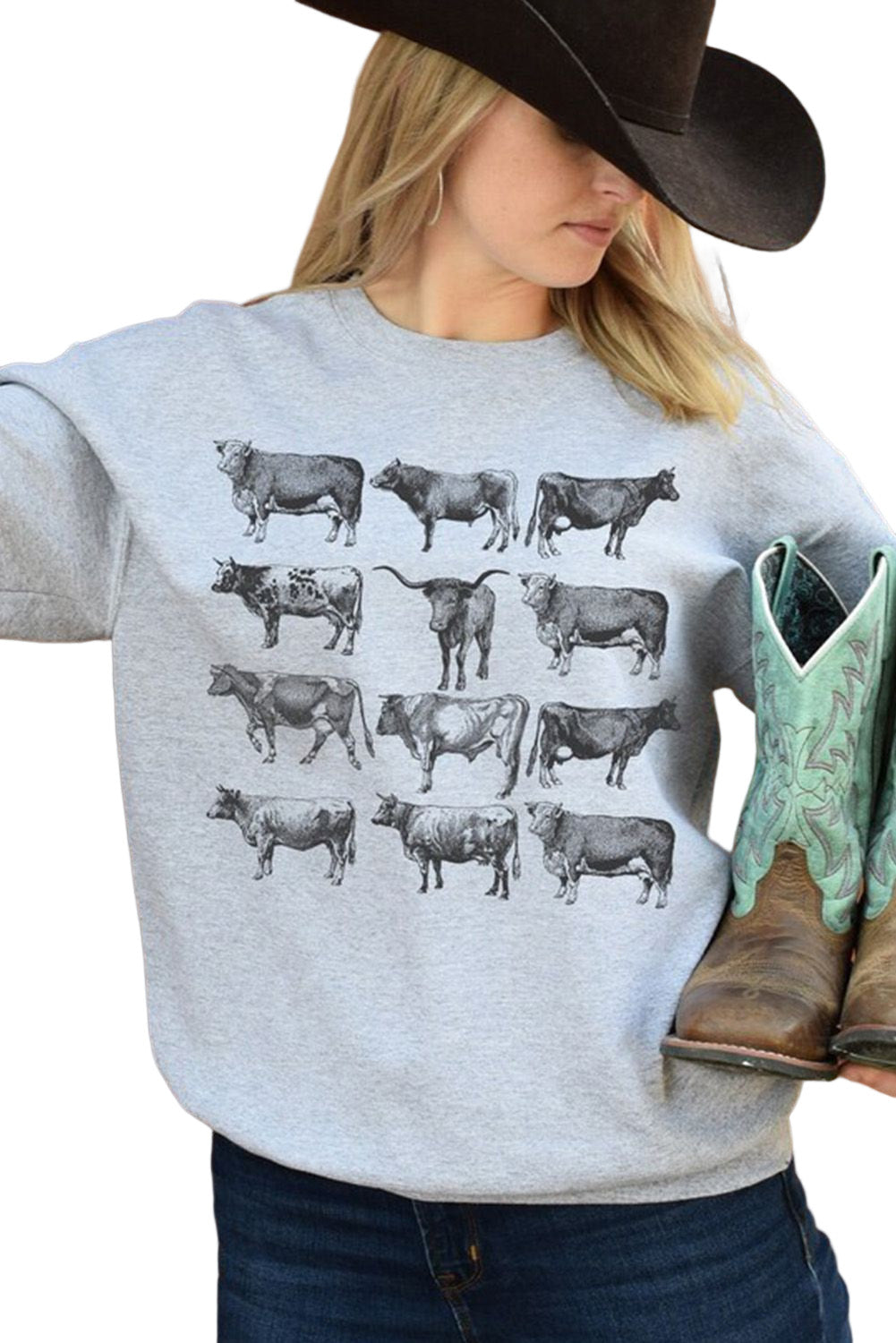 Gray Western Bull Graphic Print Long Sleeve Sweatshirt