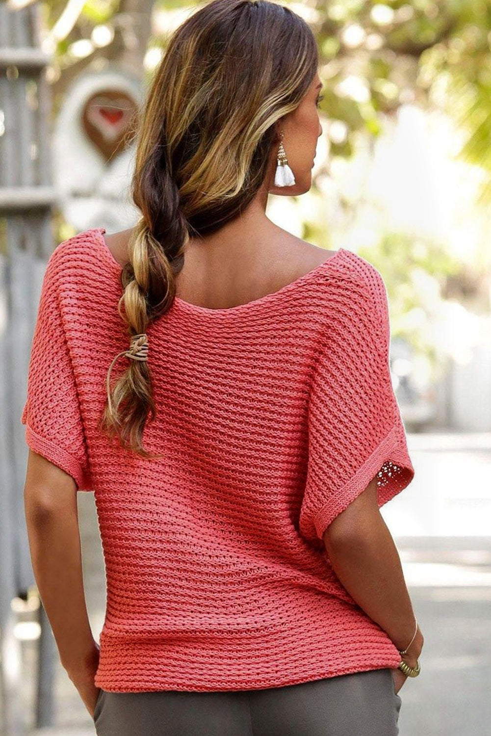 Pink Solid Loose Knit Short Dolman Sleeve Sweater