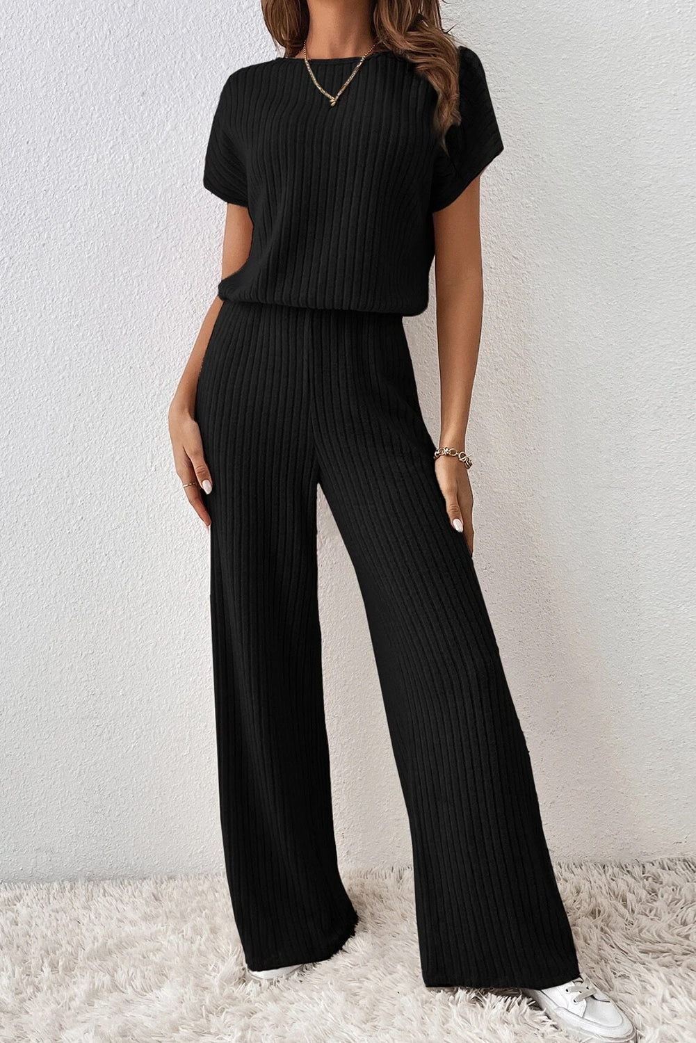 Parchment Solid Color Ribbed Short Sleeve Wide Leg Jumpsuit