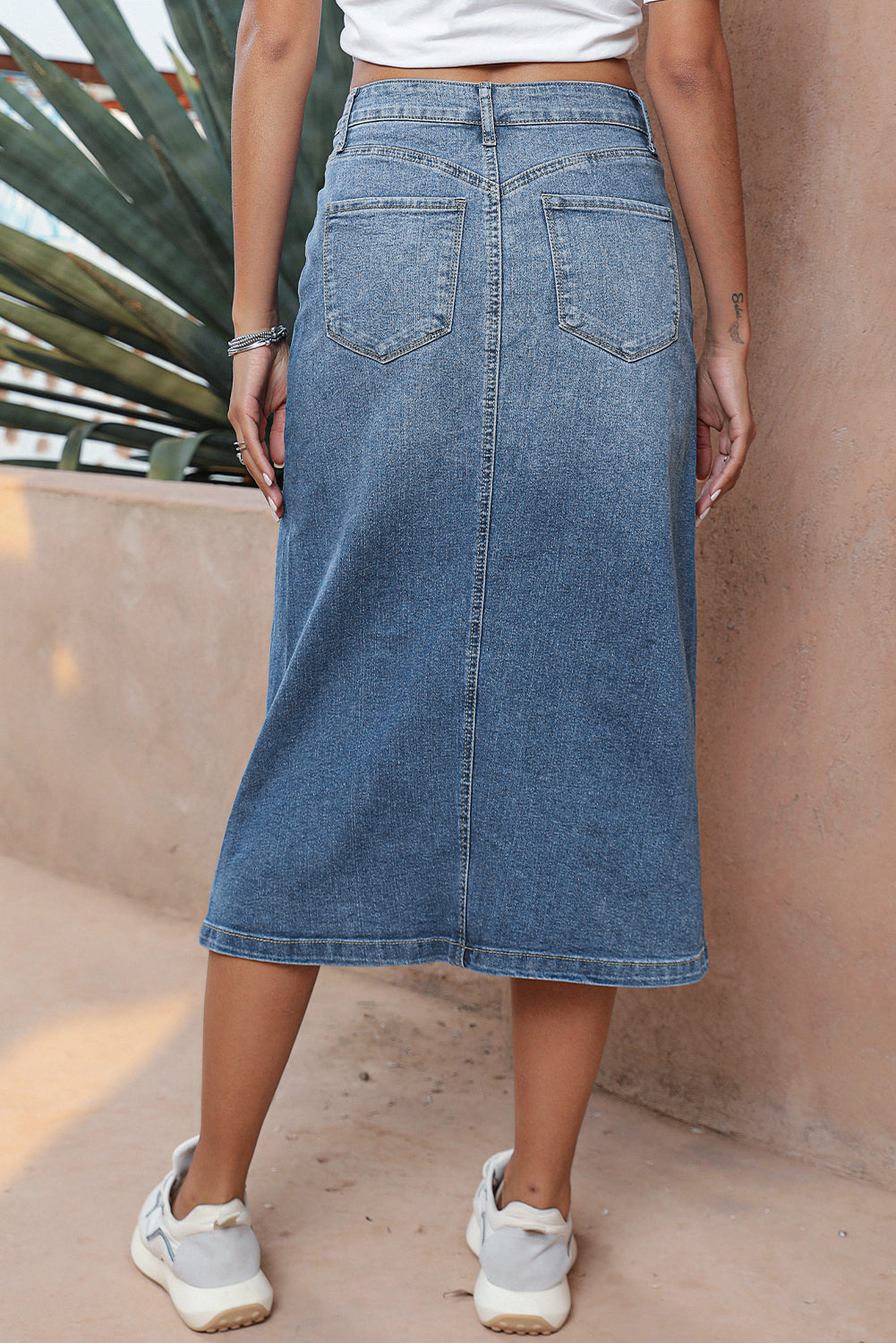 Sky Blue 4 Patch Pockets Front Slit Midi Denim Skirt