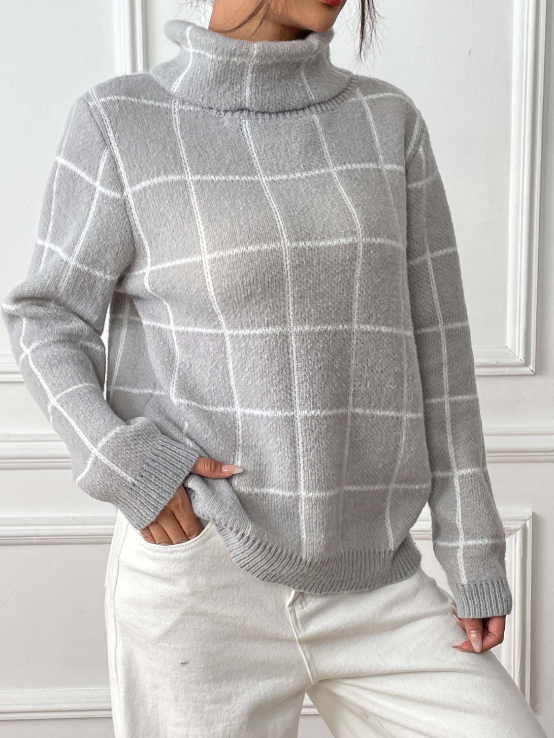 Plaid Turtleneck Long Sleeve Sweater