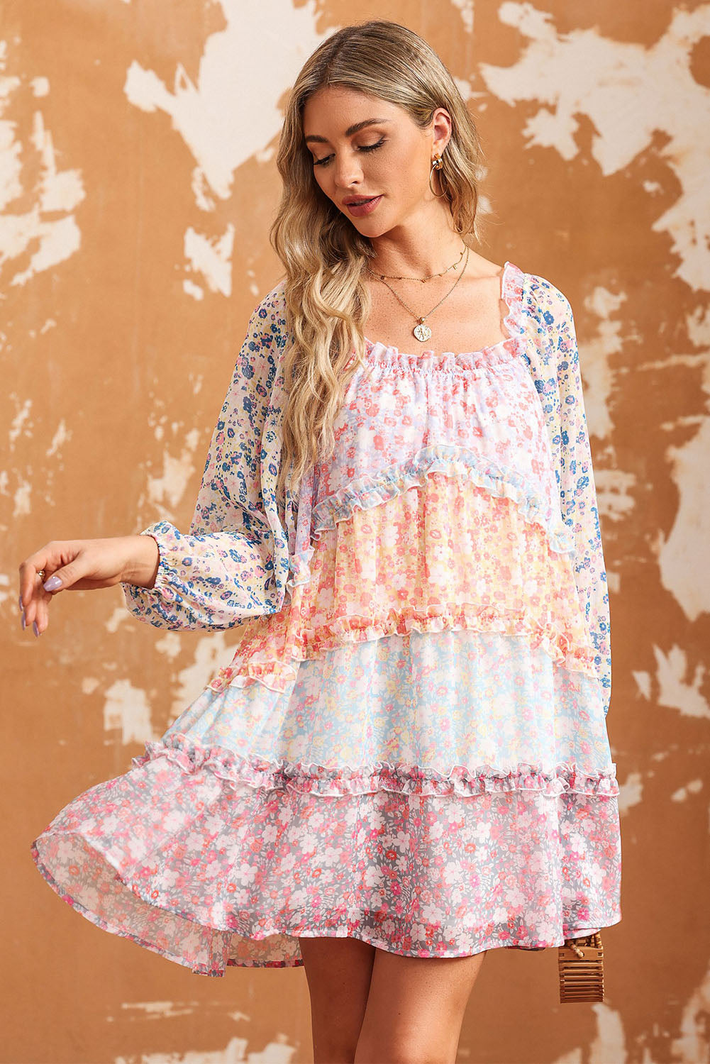 Sky Blue Floral Colorblock Tiered Puff Sleeve Dress