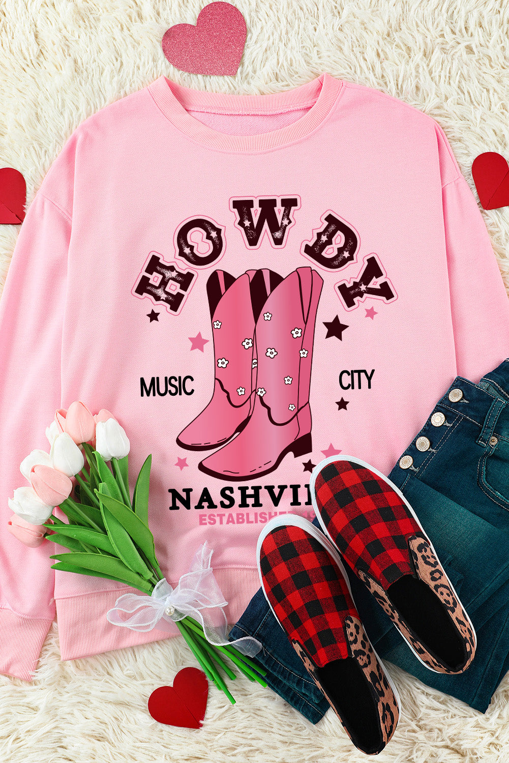 Pink HOWDY NASHVILLE Vintage Western Graphic Sweatshirt