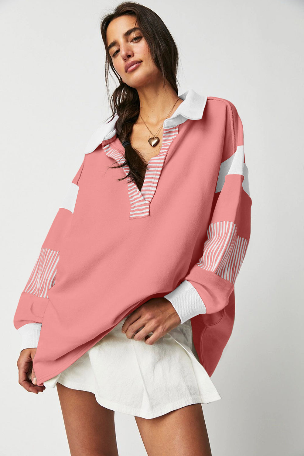 Sail Blue Striped Colorblock Patchwork Collar Sweatshirt