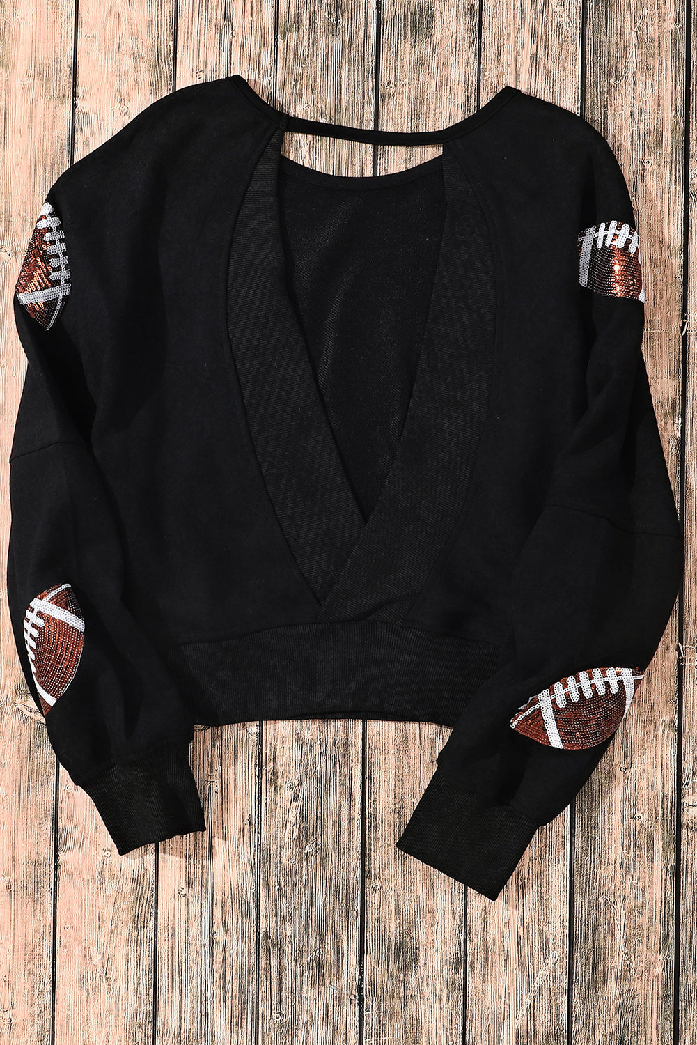 Black Sequined Rugby Football Graphic Open Back Sweatshirt