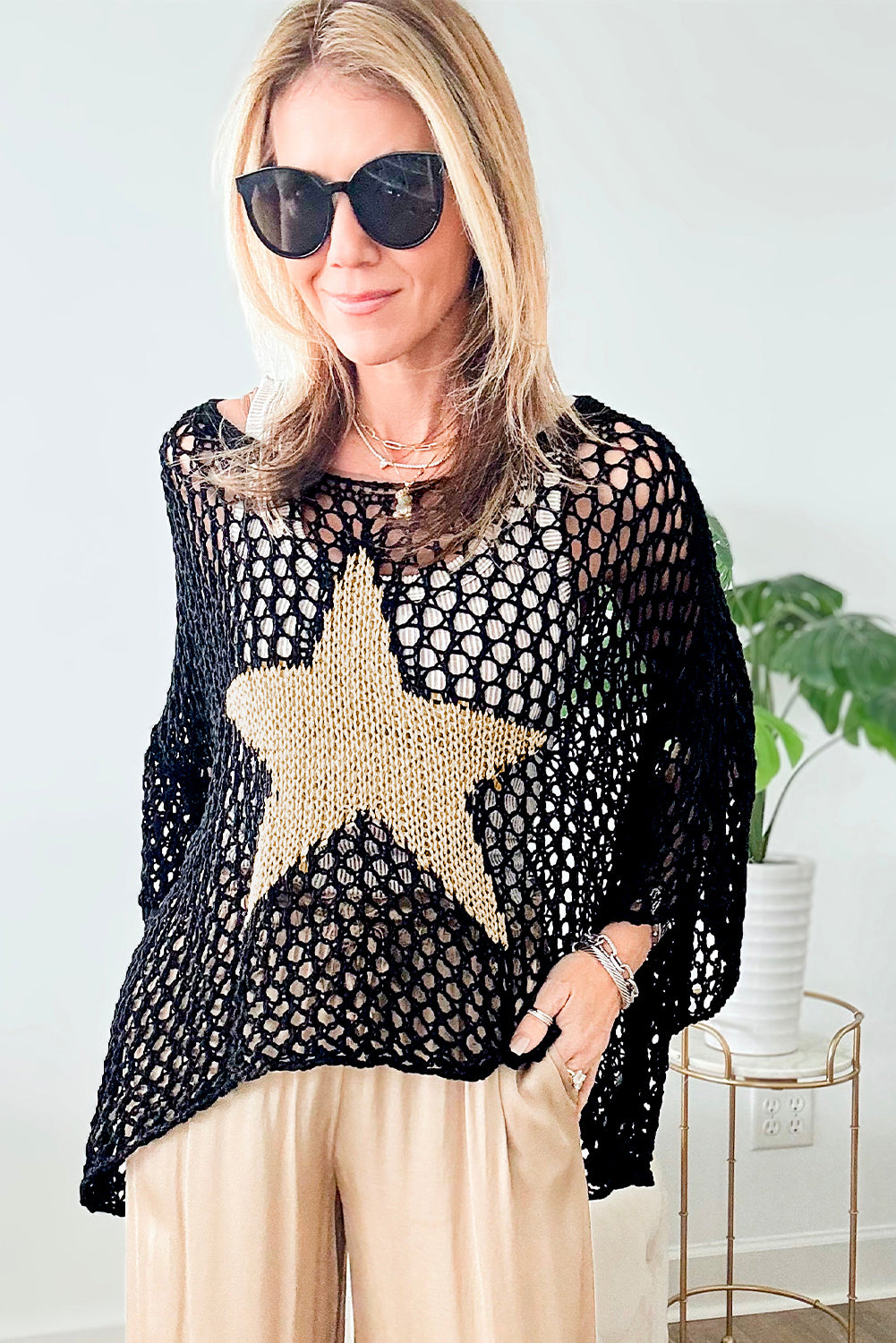 White Star Graphic Crochet Knitted Sweater Top