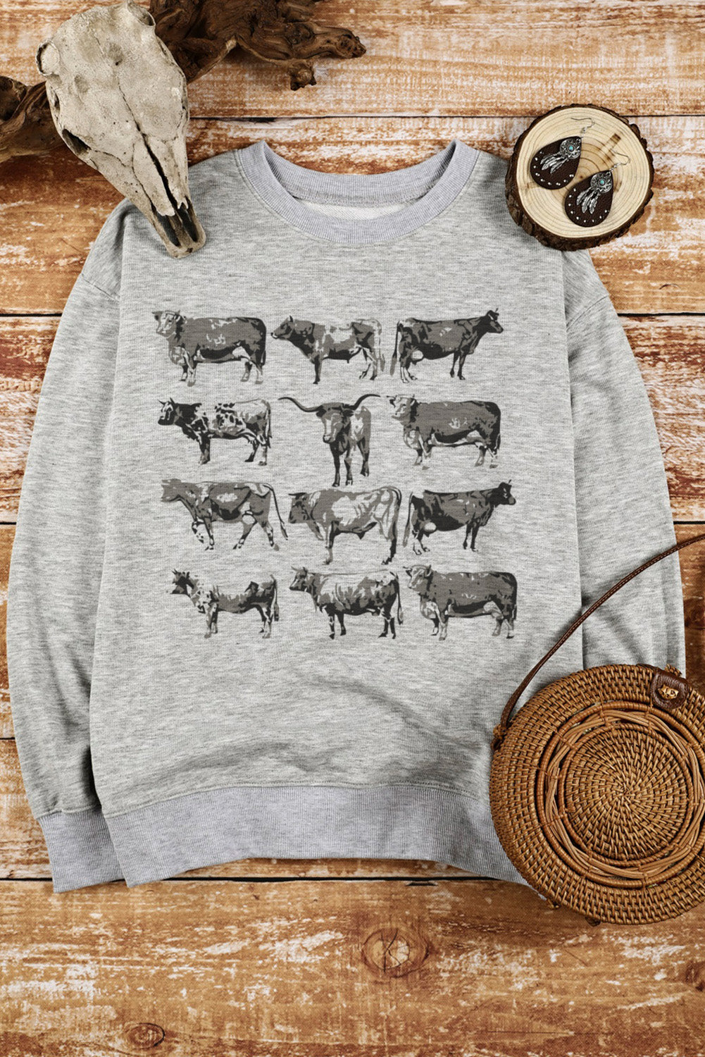 Gray Western Bull Graphic Print Long Sleeve Sweatshirt