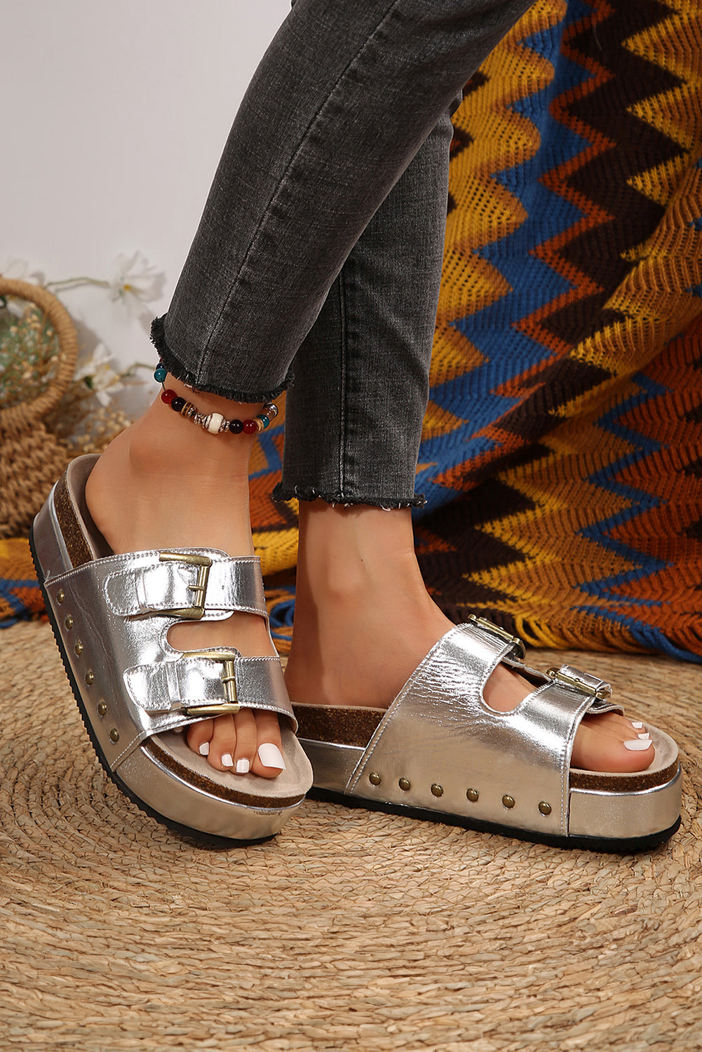 Silvery Leathered Stud Dual Buckle Platform Slippers