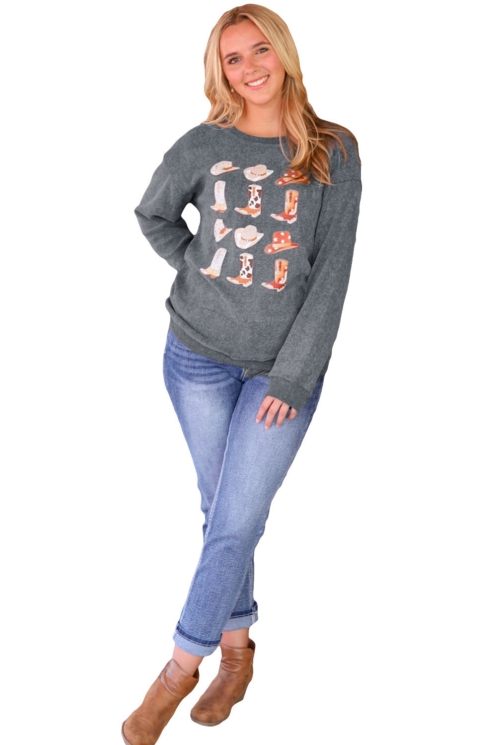 Gray Boots & Cowboyhat Graphic Corded Sweatshirt