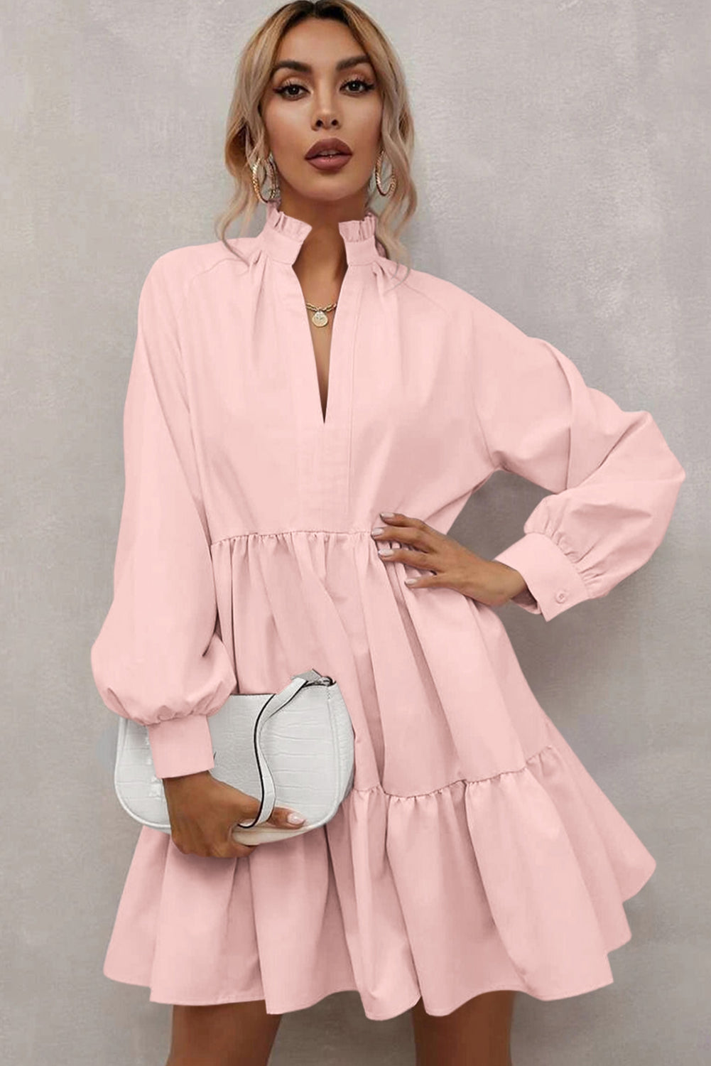 Pink Frilled Stand Collar Long Sleeve Ruffle Dress